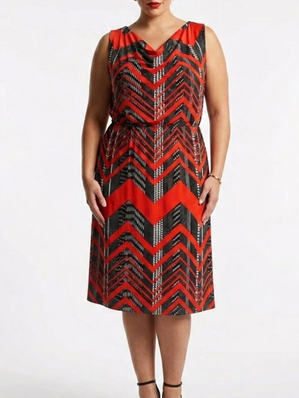 New Look Mod Chevron Sleeveless Pocket Dress Red Black 2X